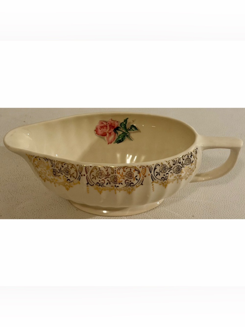 American Limoges Le Fleur Rouge Gravy Boat 22K Gold Pink Rose Vintage USA